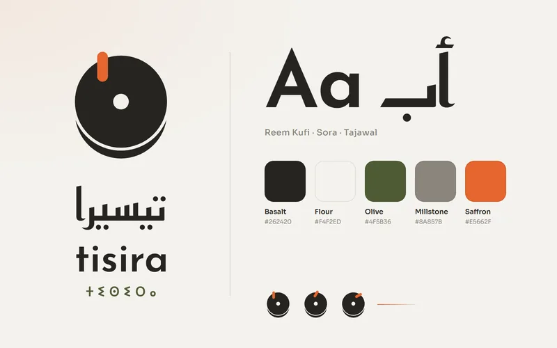 Tisira's own identity: the quern logo with its Arabic, Latin and Tifinagh names, the brand colours and the Reem Kufi typeface.