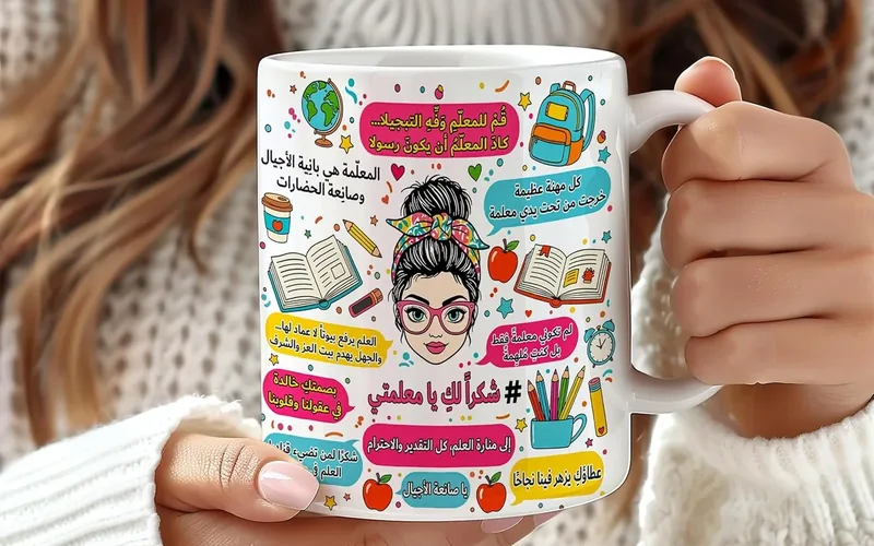 Amazon listing photo: the Arabic-calligraphy teacher mug held in a teacher's hands.