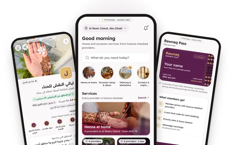 The Rawnaq app prototype on three phones: the home screen, a henna artist's licence-checked profile and the Member Pass (sample data).