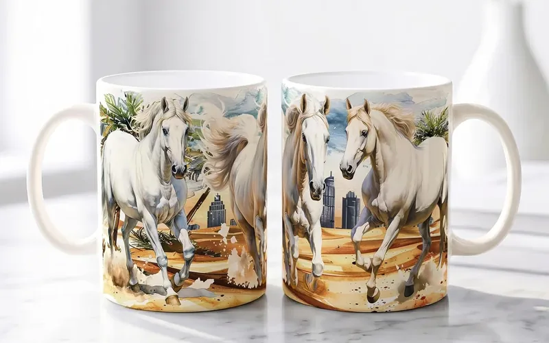 The horse mug from the front and the back, on marble.