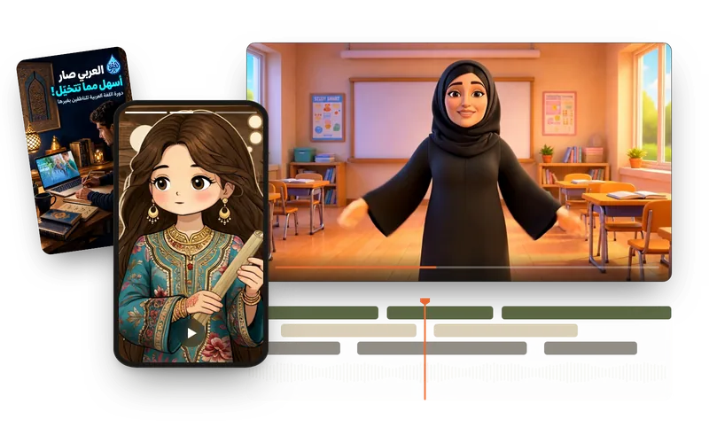 مونتاج فيديو قيد العمل: لقطة من فيديو معلمة متحركة ثلاثية الأبعاد، وشخصية مرسومة تتكلم على الهاتف، وغلاف ريل، وكلها من صنعنا.