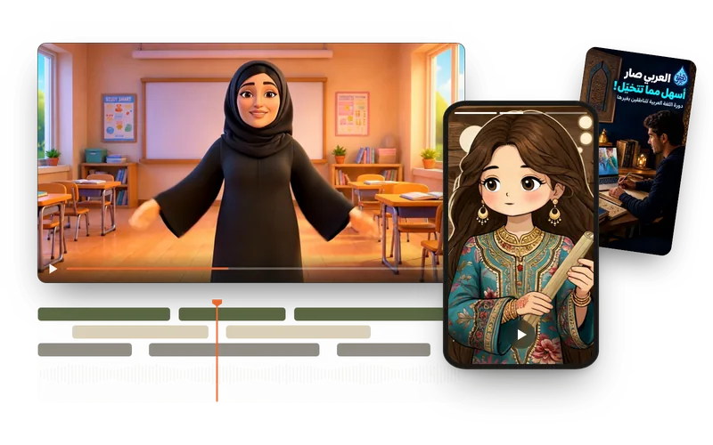 A video edit in progress: a frame from an animated 3D teacher video, a talking illustrated character on a phone and a reel cover, all made by us.
