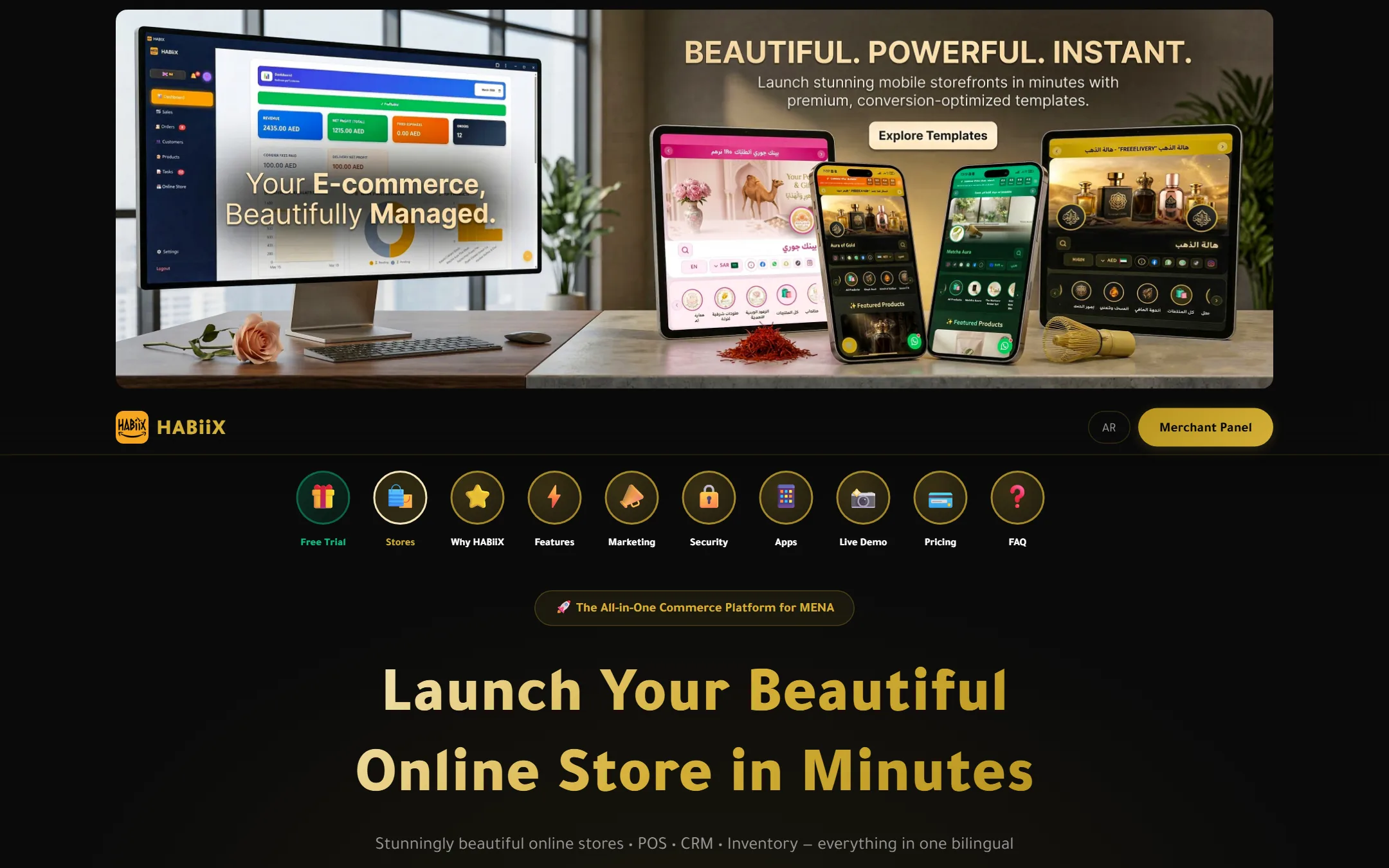 HABiiX landing page in English: banner with store themes, section shortcuts and the main headline.
